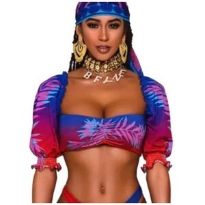 BFYNE Tropical‎ Print Ruched Puff Sleeve Bikini Set XXL